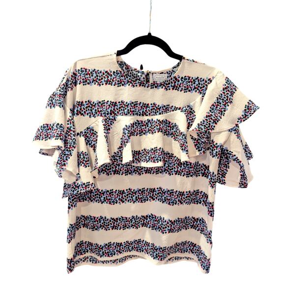 Mudpie Ruffle Sleeve Blouse M Cream Blue Red Dotted Stripe Textured Boho Top - Picture 1 of 7